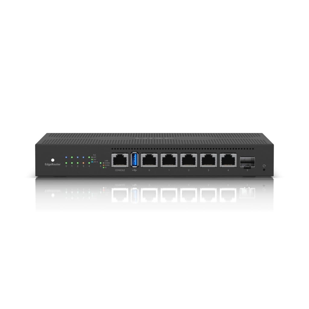 UBNT EdgeRouter 6 PoE (ER-6P) – 5 Port Gigabit RJ45, SFP Port ve 24V Pasif PoE Destekli Fansız Router