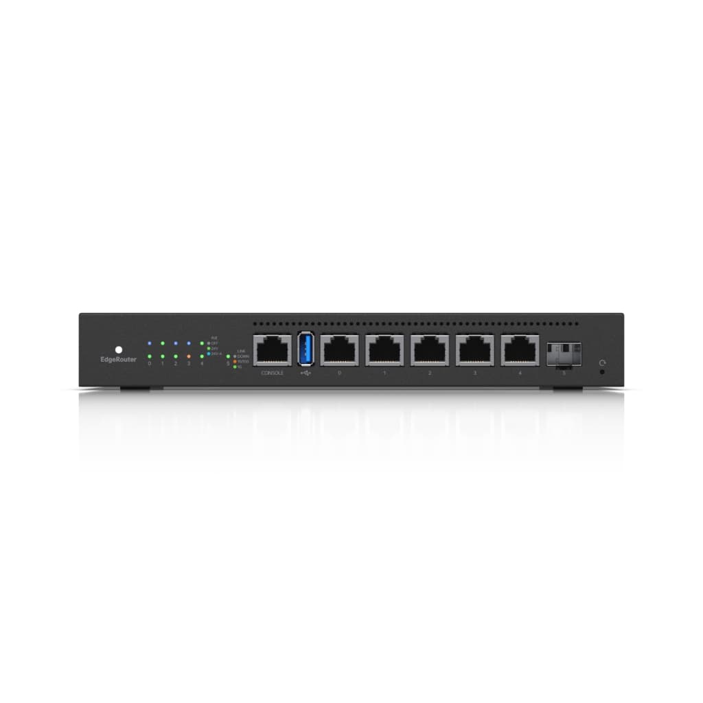 UBNT EdgeRouter 6 PoE (ER-6P) – 5 Port Gigabit RJ45, SFP Port ve 24V Pasif PoE Destekli Fansız Router